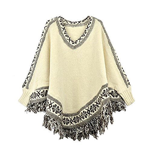 Lantomall Frauen Fledermausärmel Quasten Hem Umhang Poncho Tops Strickpullover Mantel C8